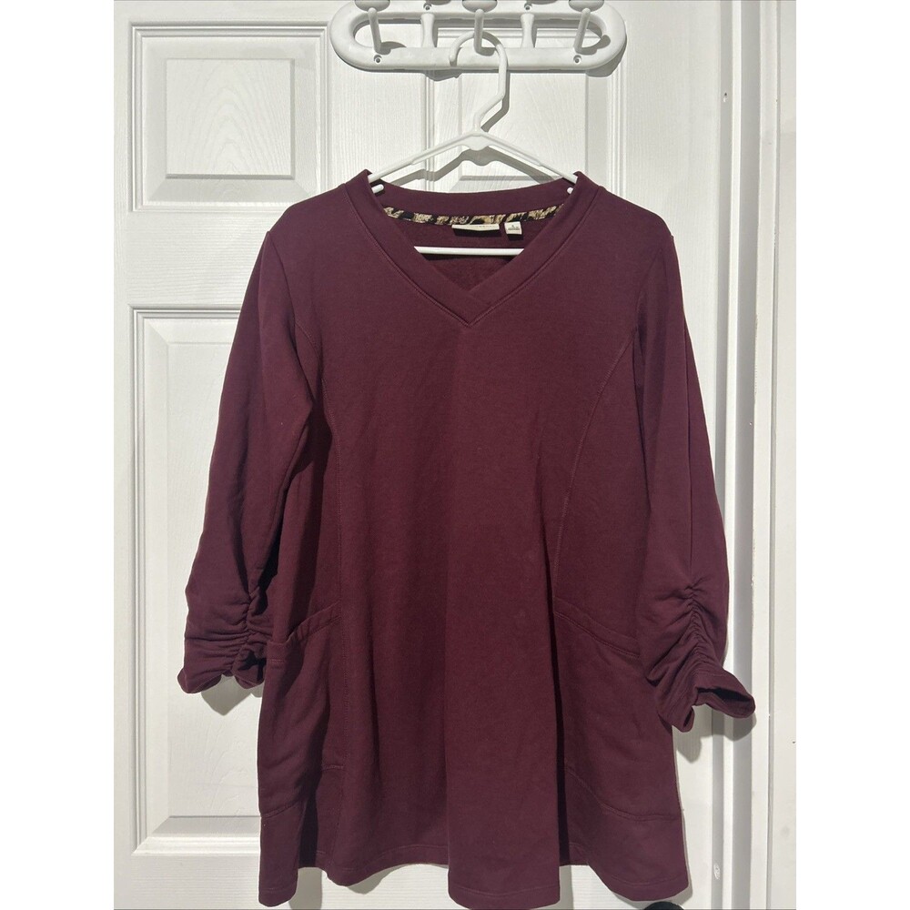 Susan Graver Cotton Blend Size small Ruched 3/4 Sleeves Tunic Burgundy